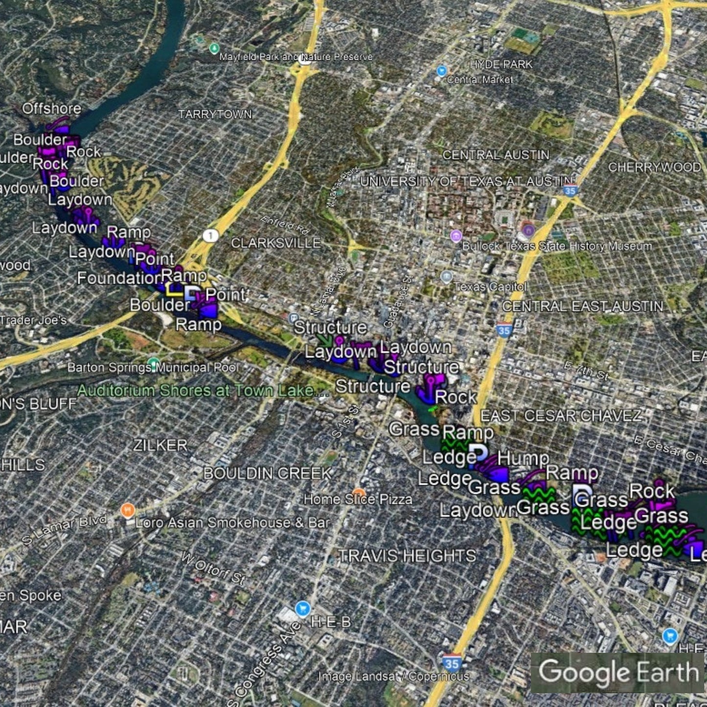 Lady Bird Lake Breakdown - Bass Fishing Hot Spots & Waypoints